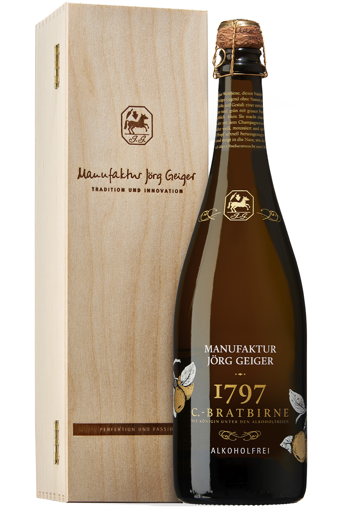 Birnenschaumwein Alkoholfrei 0,75l in der Holzkassette